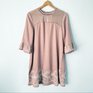 Penelope Rose | Blush Peasant Tunic Dress with Floral Embroidery and Crochet